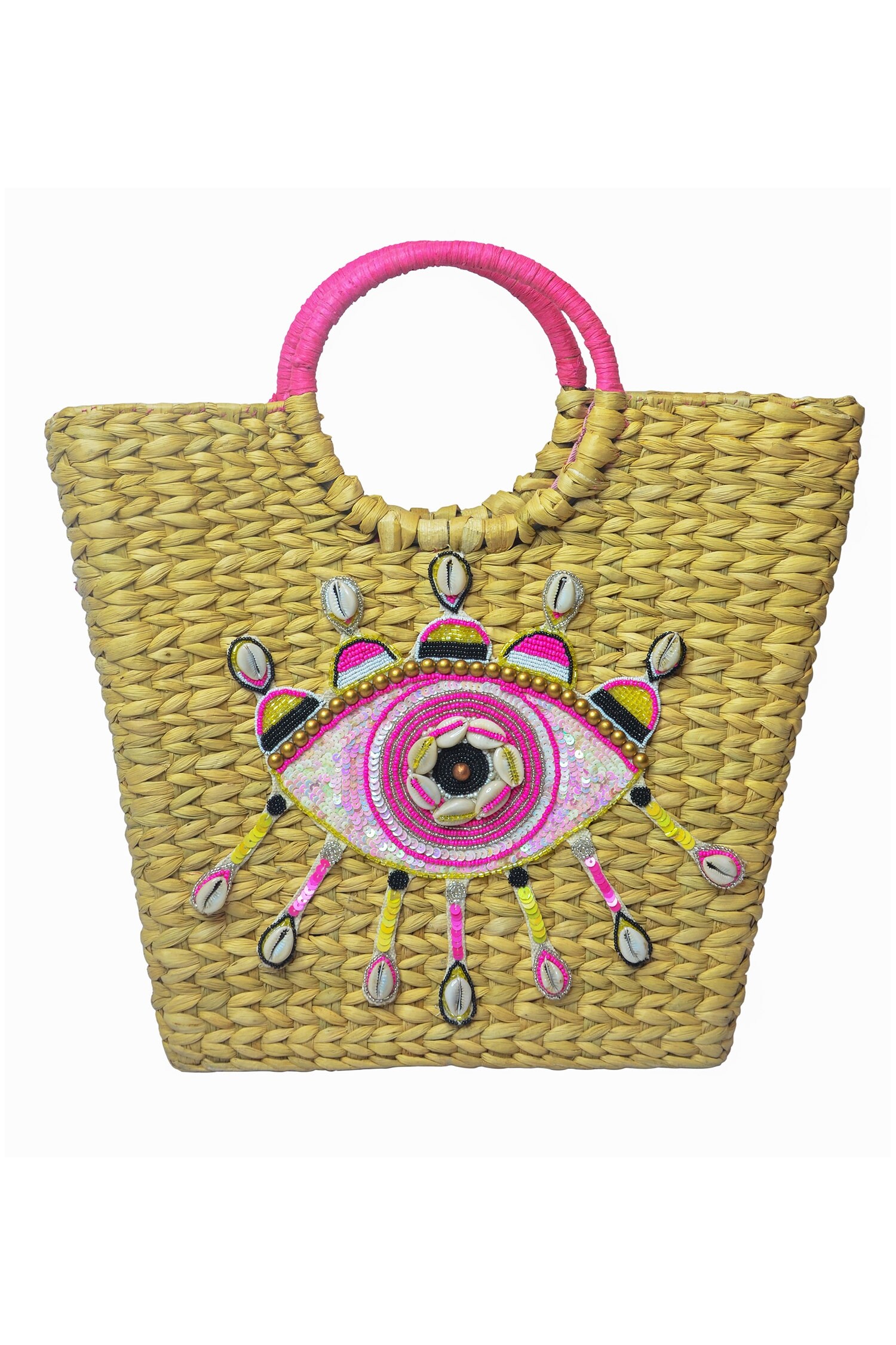 Buy Beige Sequin Embellished Evil Eye Woven Beach Bag by Gin