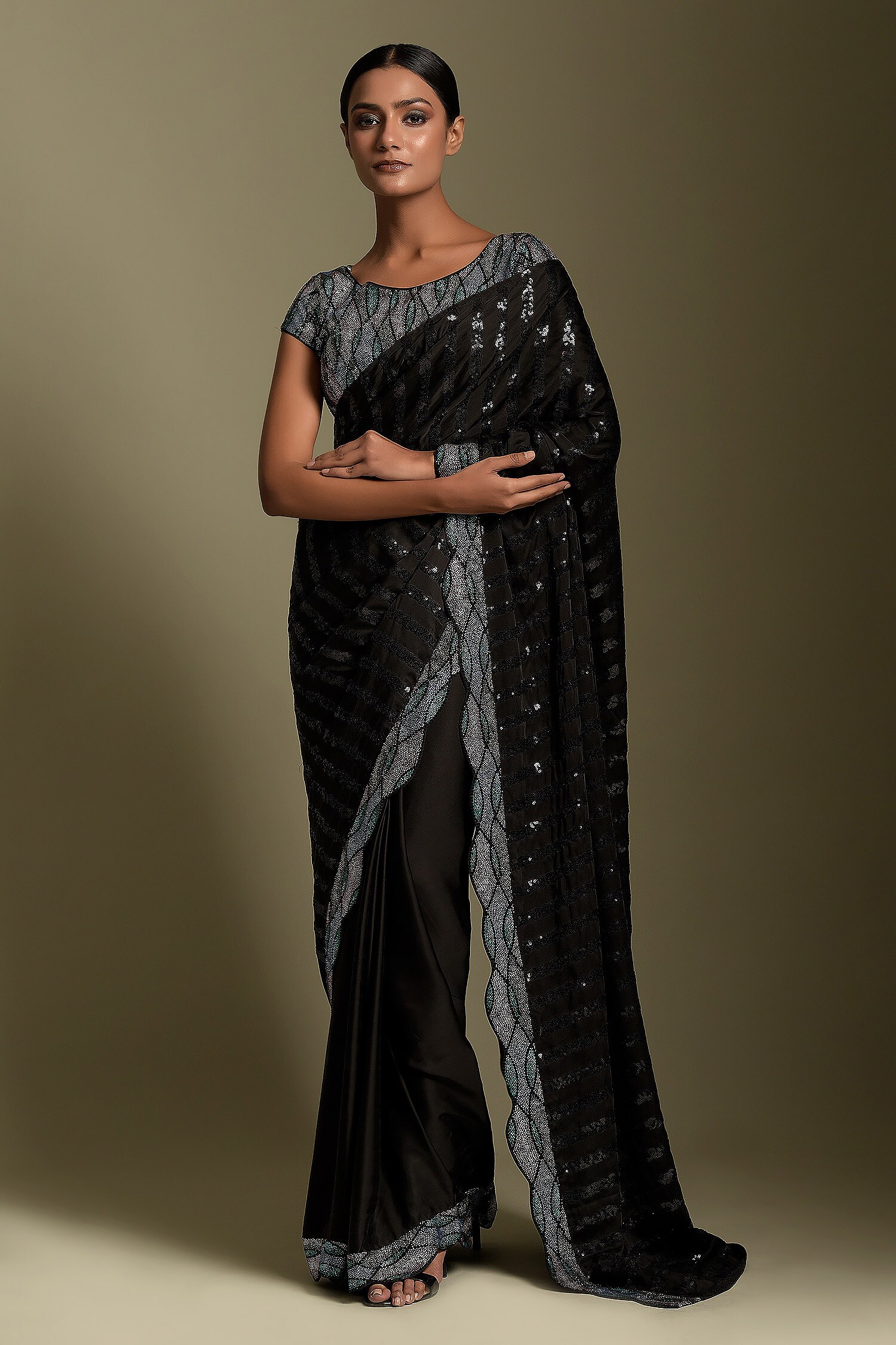 Two Sisters By Gyans Black Satin Striped Sequin Work Saree With Blouse