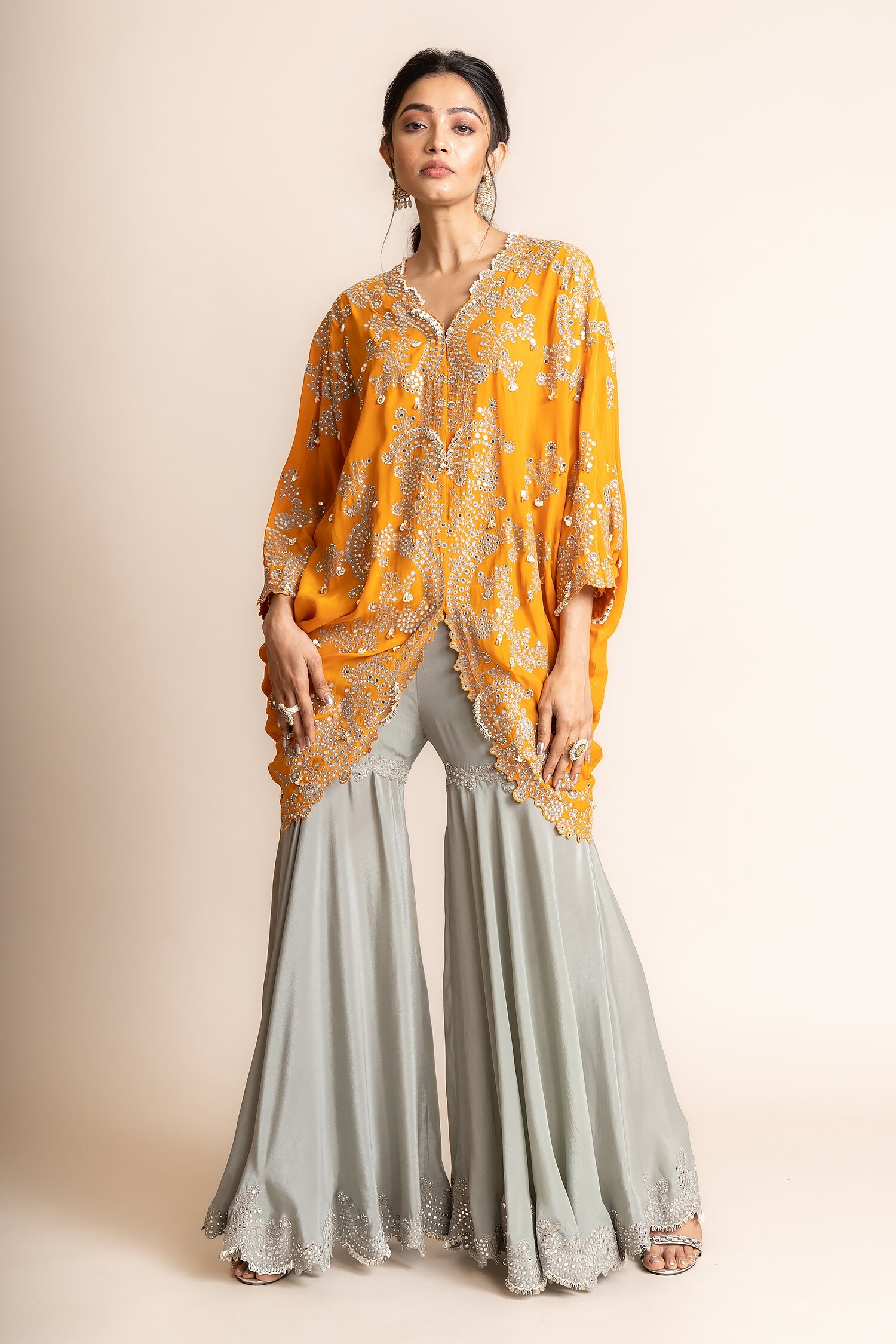 Nupur Kanoi Orange Crepe Hand Embroidery Mirror Work Kite Tunic With Bias Gharara For Women