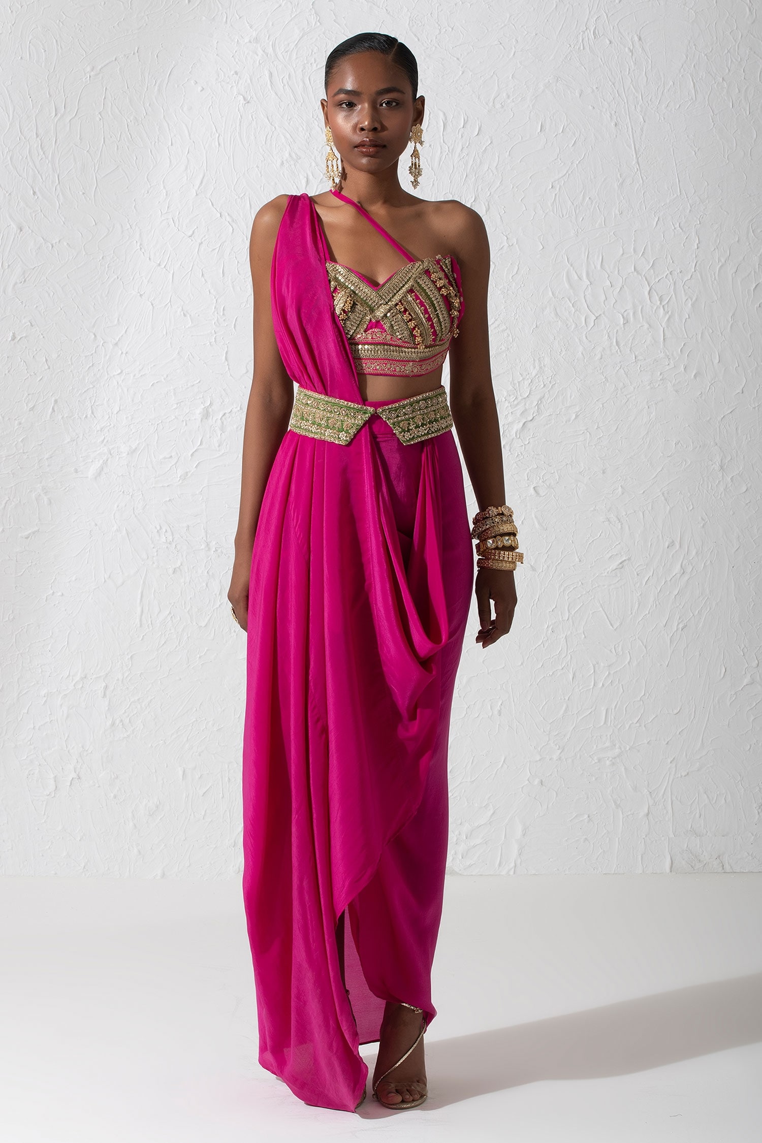 Buy Pink Crepe And Raw Silk Embroidery Sea Mist Pre-draped Saree With ...
