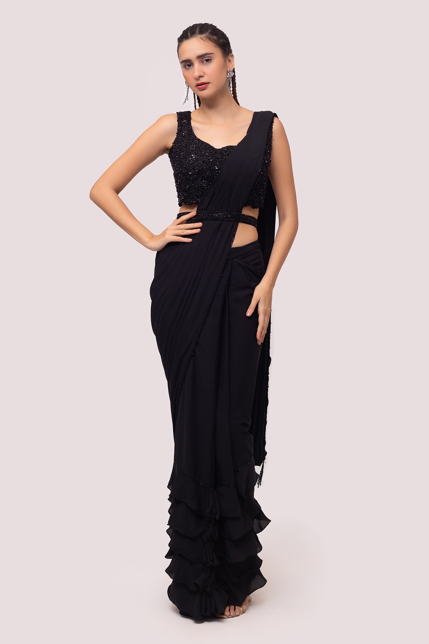 Buy Black Georgette Embellished Ruffle Pre-draped Saree And Blouse Set ...