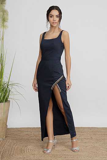 Square Neck L S Slit Dress Dark Mole
