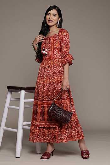 Orange Printed Rayon Layered Dress