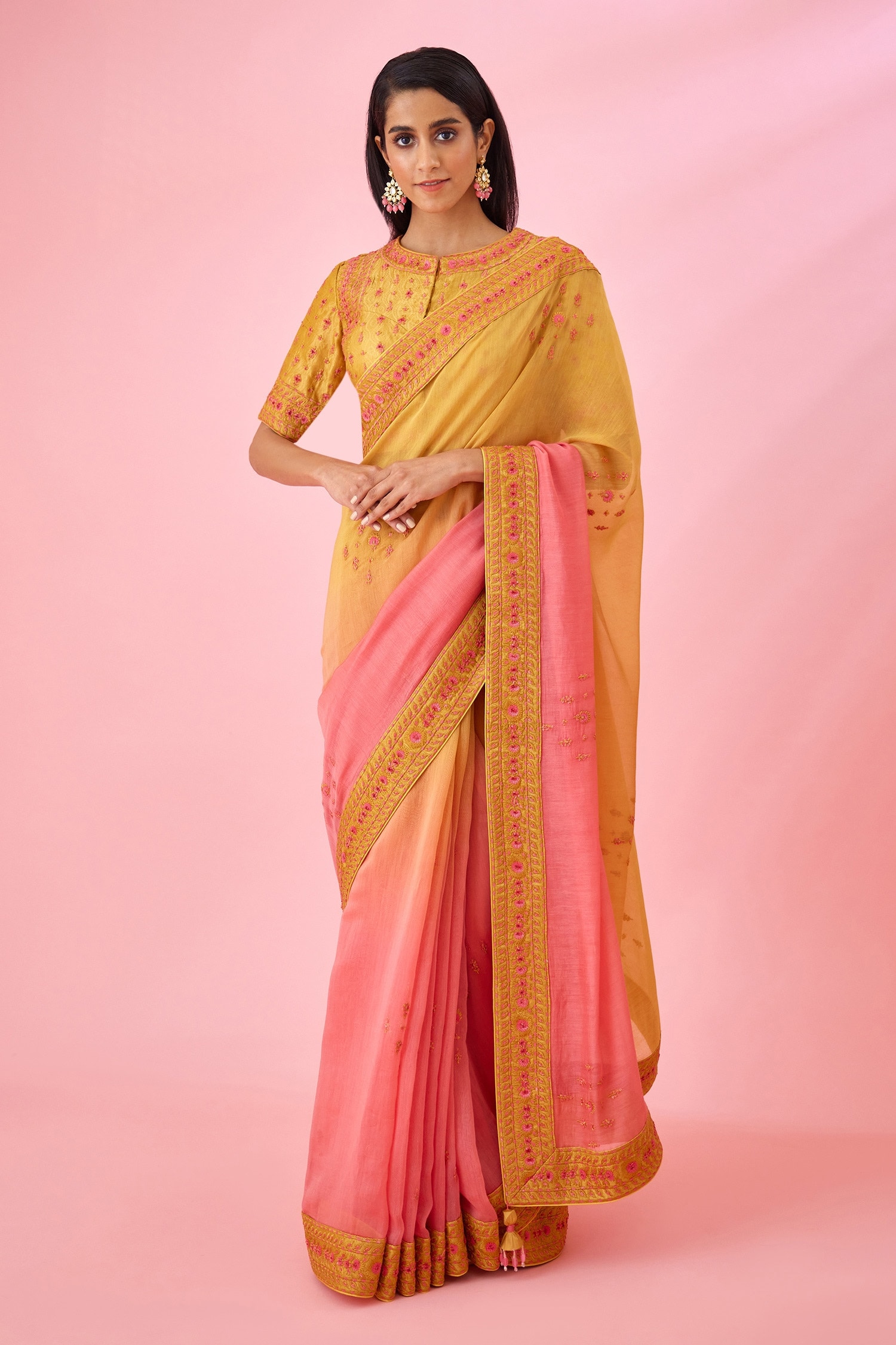 Shyam Narayan Prasad Yellow Silk Dupion Chanderi Embroidered Saree With Blouse