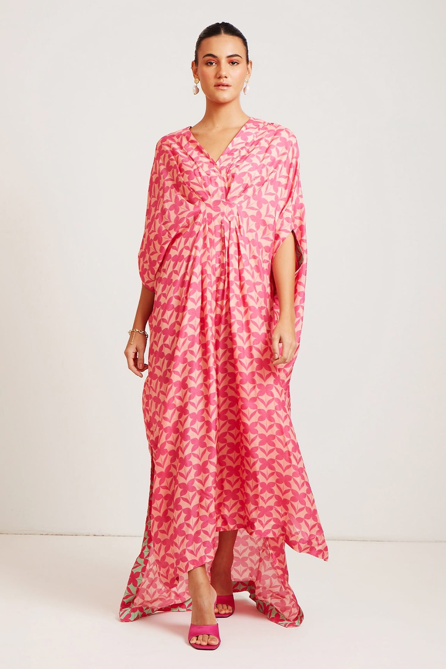 Buy Pink Silk Printed Floral V Neck Kaftan Gown For Women by Sorbae ...