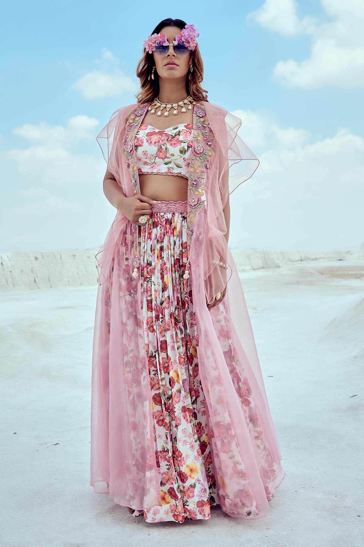 Nikita Vishakha Pink Georgette Printed Floral Ruffle Cape And Lehenga Skirt Set For Women