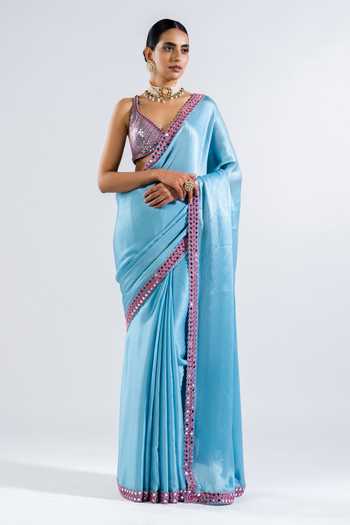Women's Satin Blue Embellished Designer Saree With Blouse Piece