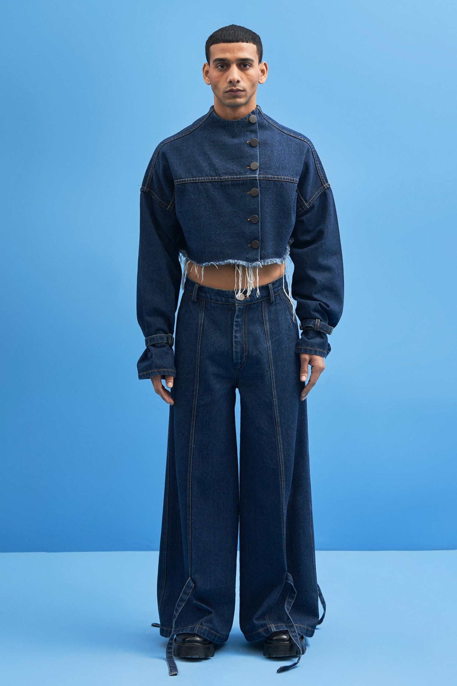 Buy Blue Denim Cropped Jacket For Men by Siddhant Agrawal Label Online ...