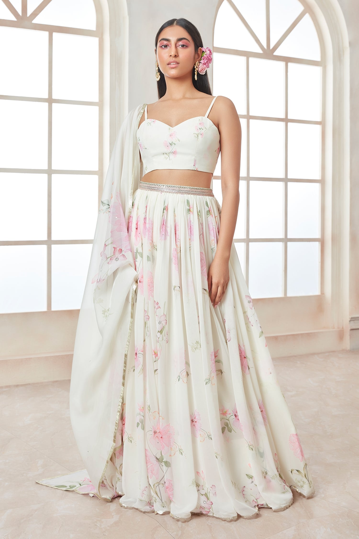 Baby Pink Sequinned Lehenga in Net with Halter Neck Cutdana Worked...