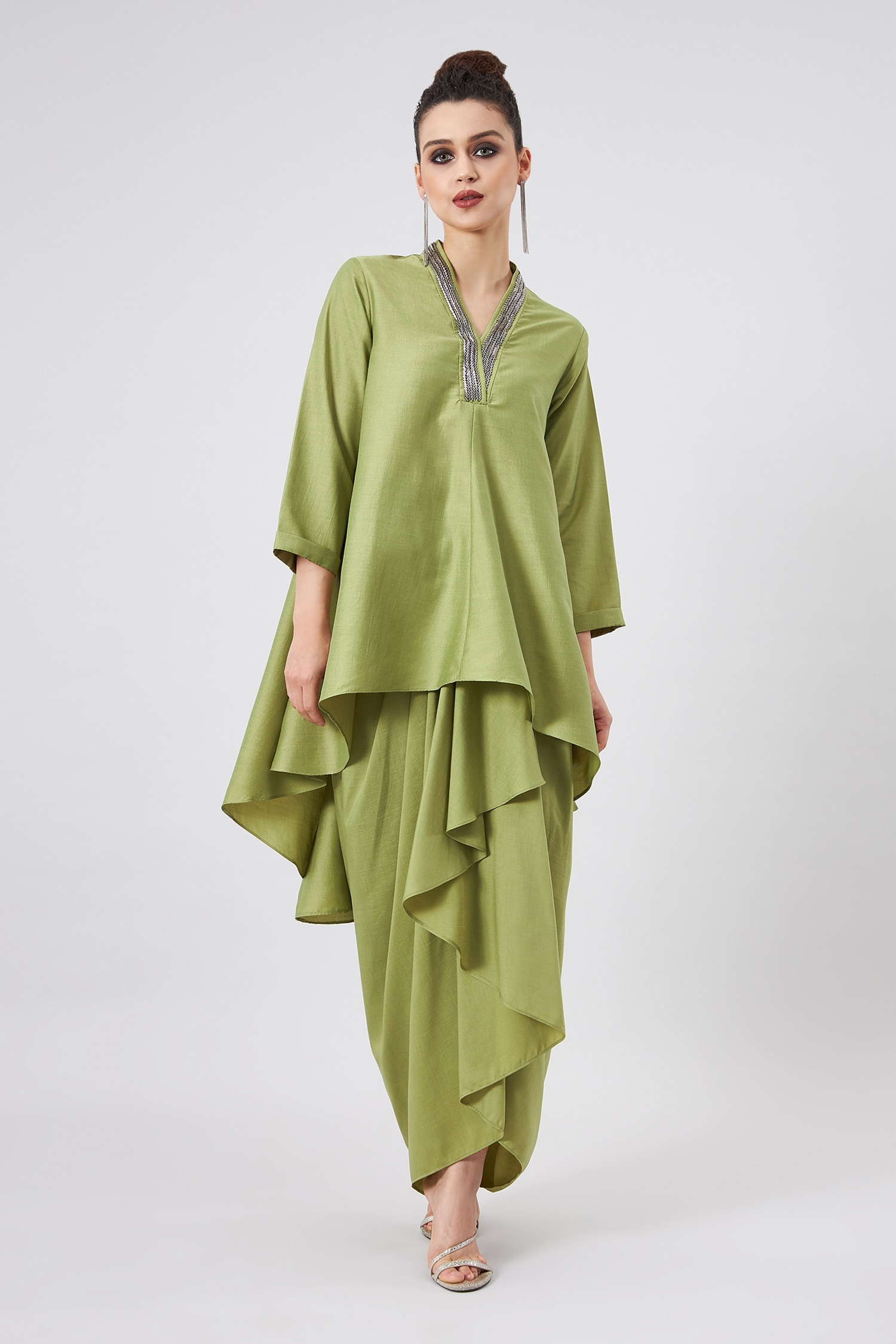 Buy Green Cotton Silk Embellished Metallic V Neck Kurta And Draped ...