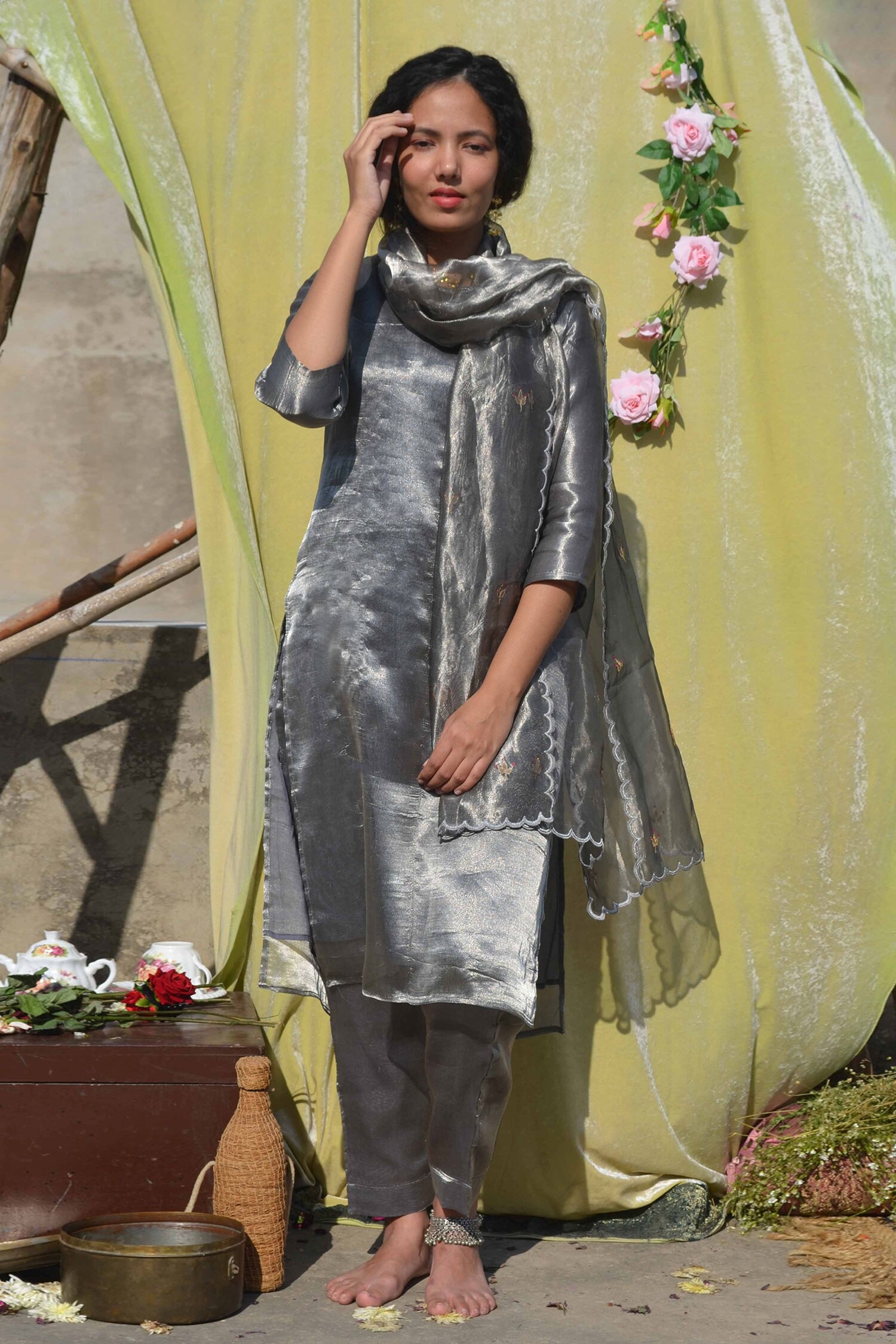 Studio Malang Silver Tissue Silk Embroidered Gota Metallic Kurta Set With Dupatta For Women