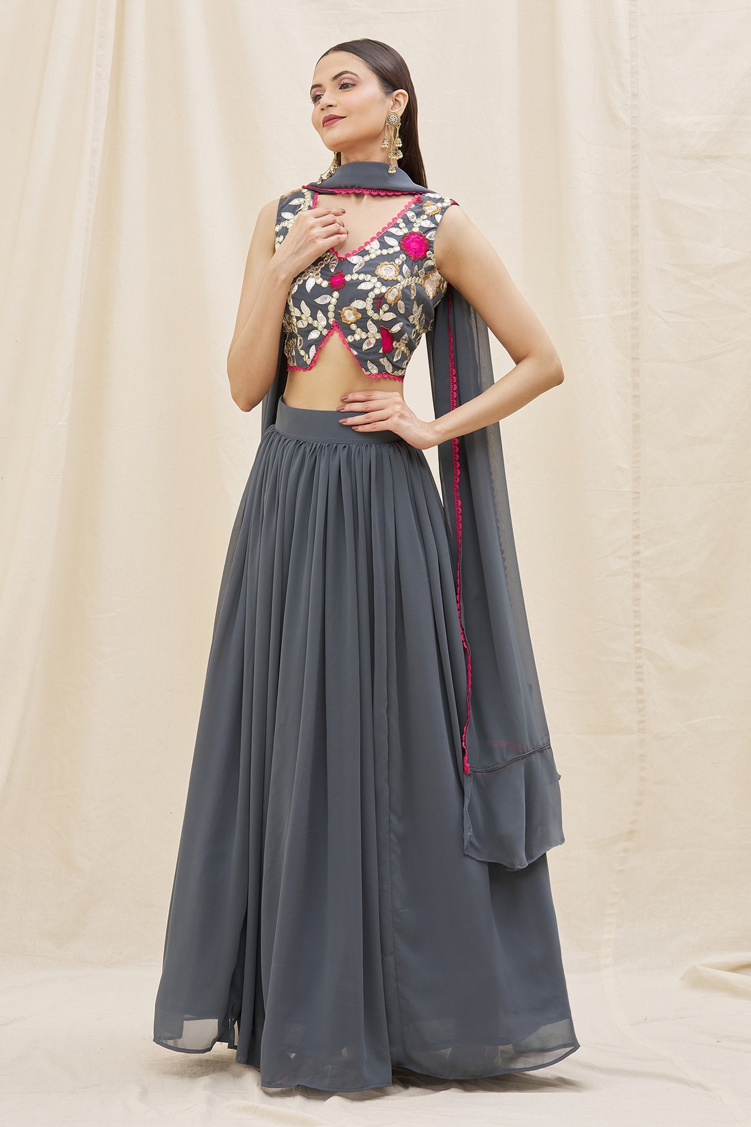 Buy Khwaab by Sanjana Lakhani Grey Gathered Georgette Lehenga Set ...