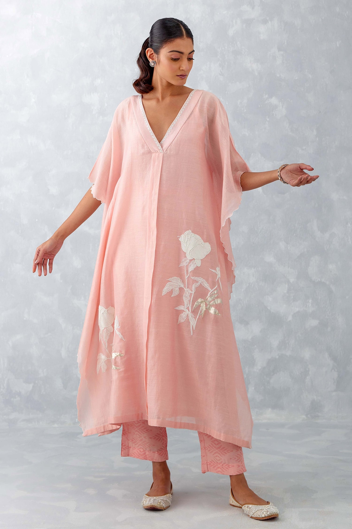 Devnaagri Pink Silk Chanderi Embroidered Kaftan And Ikat Print Pant Set