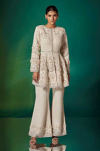 Women White Floral Cambric Sleeves Knot Peplum Kurti