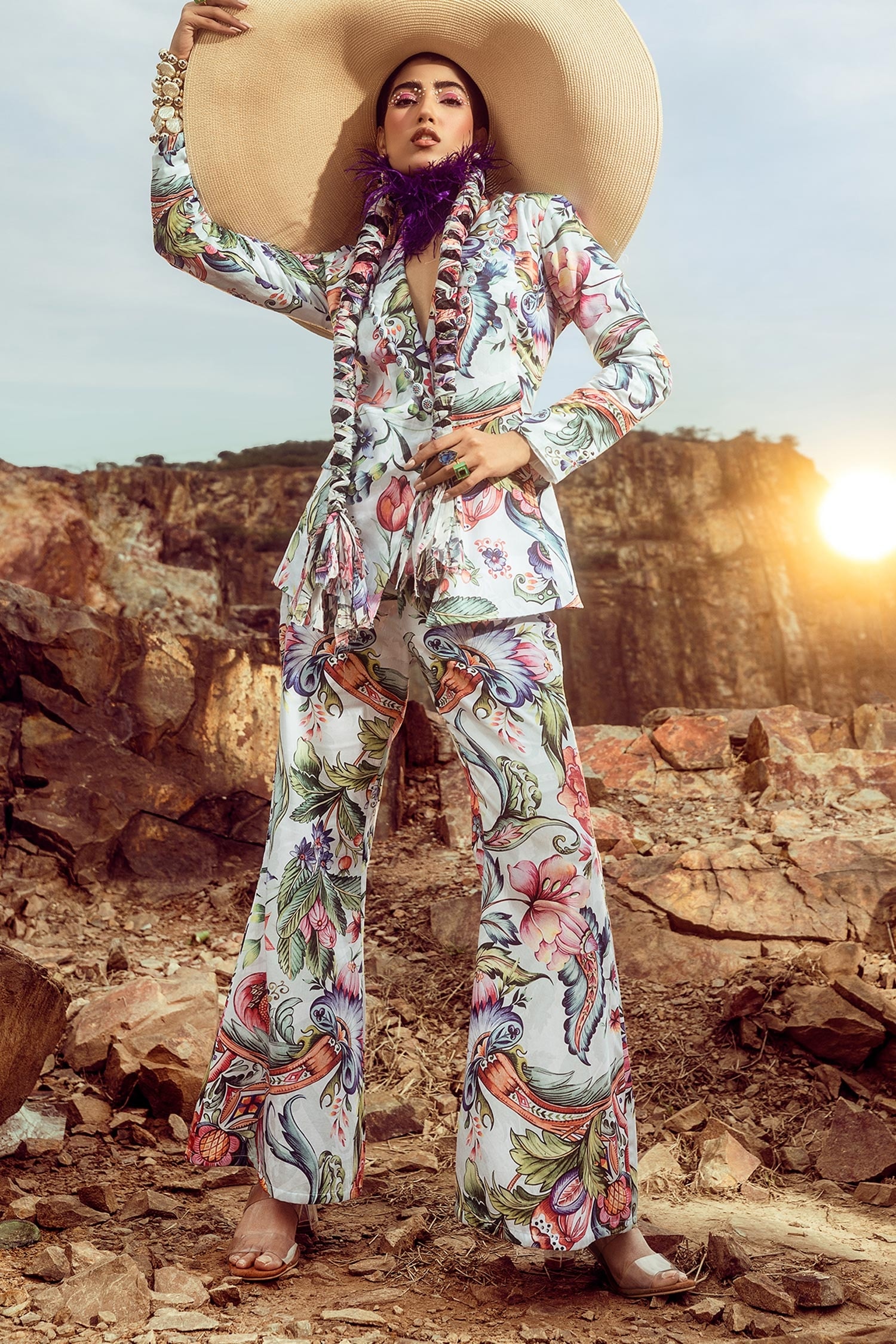 Buy Multi Color Cotton Printed Floral Shawl Jacket And Bell Bottom