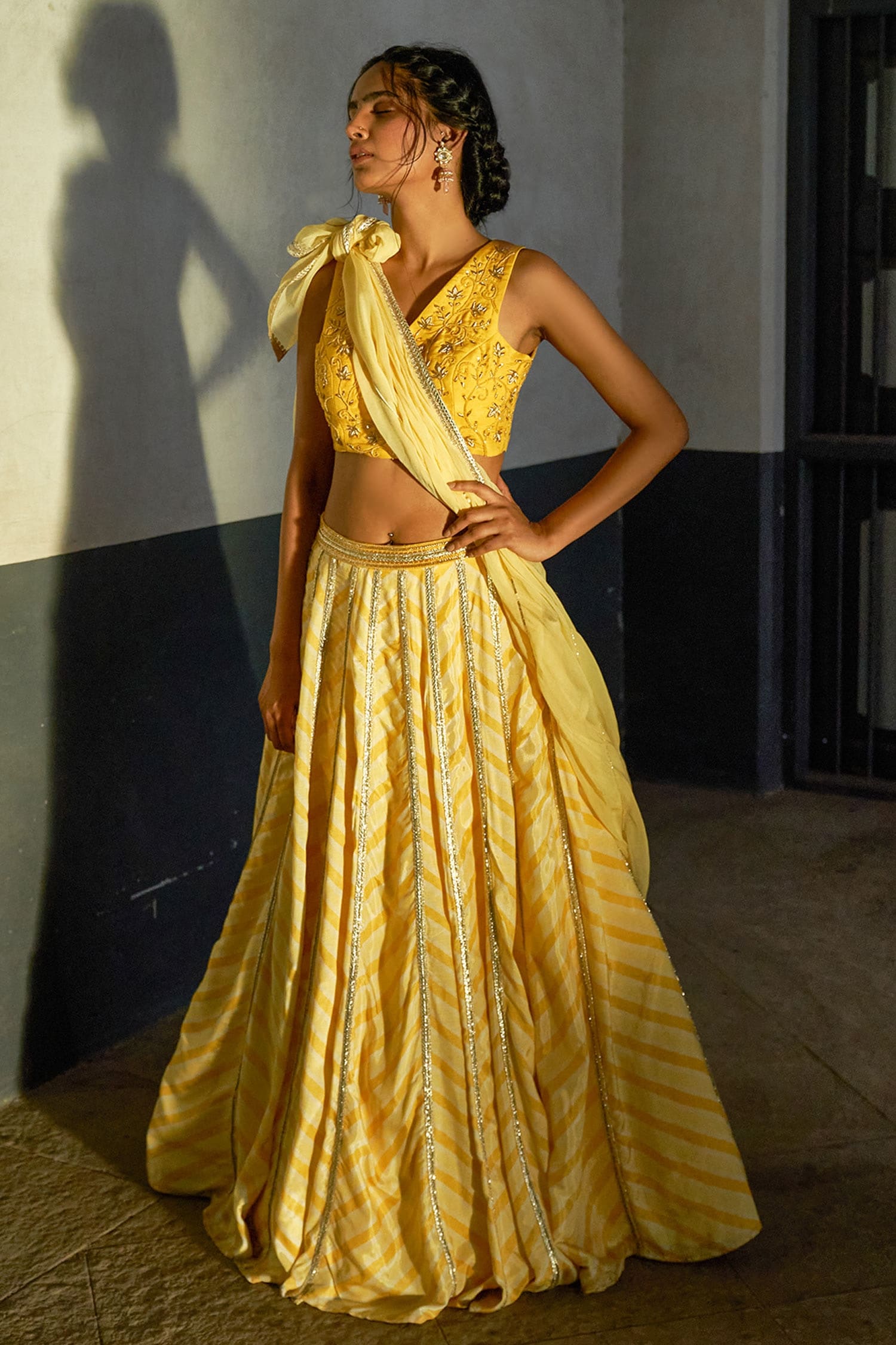 Buy Yellow Muslin Silk Printed And Hand Suhana Multi Panelled Lehenga