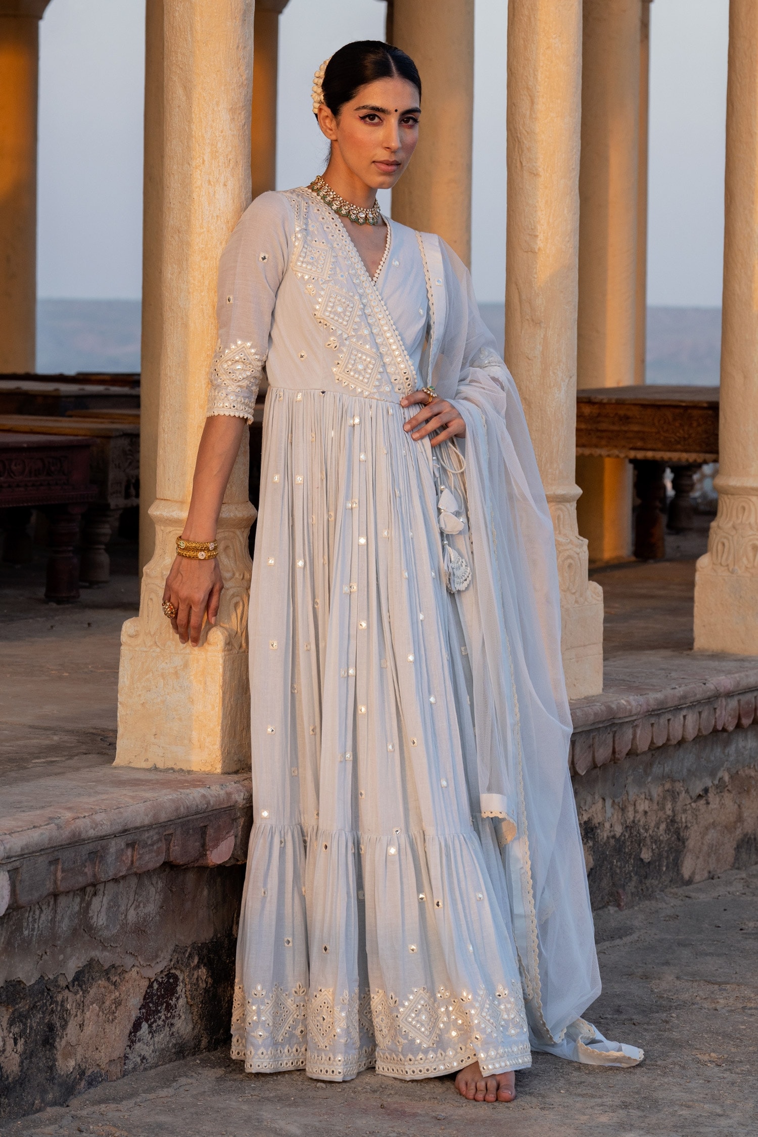 PREEVIN Blue Angrakha: Cotton Mulmul And Dupatta: Diamond Pattern Anarkali With For Women