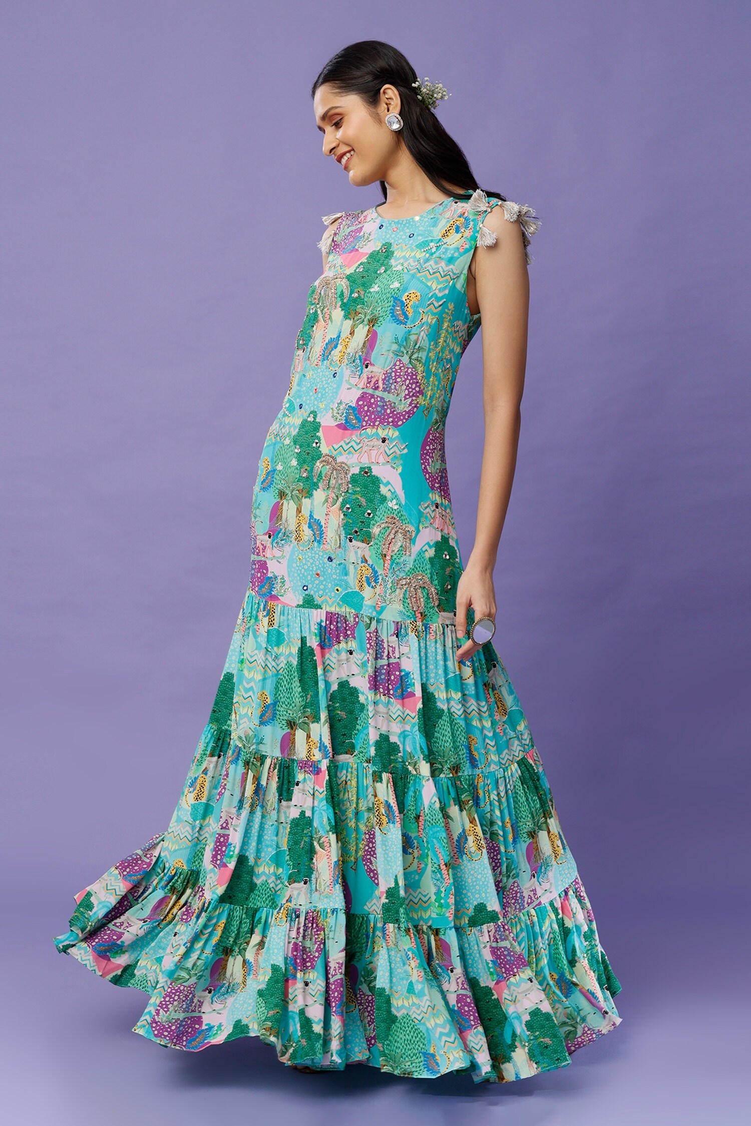 Buy Payal Singhal Blue Crepe Kuno Print Gown Online Aza Fashions