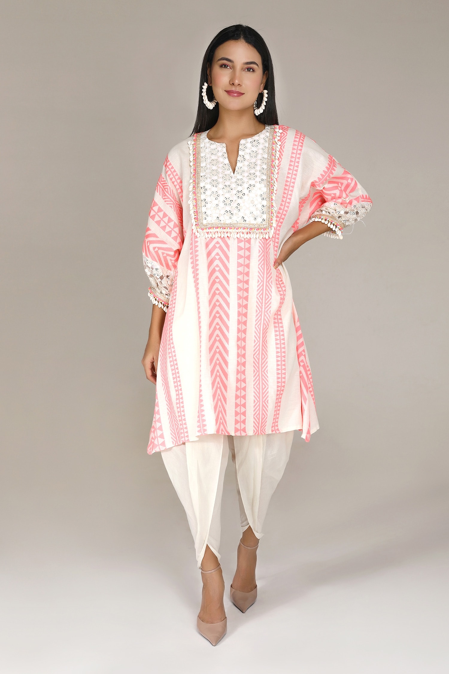 Buy Aneehka Pink Cotton Puff Sleeve Kurta And Dhoti Pant Set Online Aza Fashions