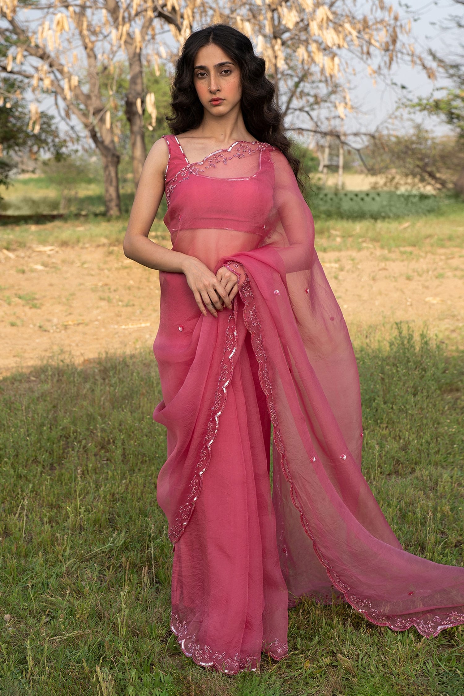 Buy Pink Saree 100% Silk Organza Embroidery Aari Hand With Blouse For Women  by Zoon Online at Aza Fashions.