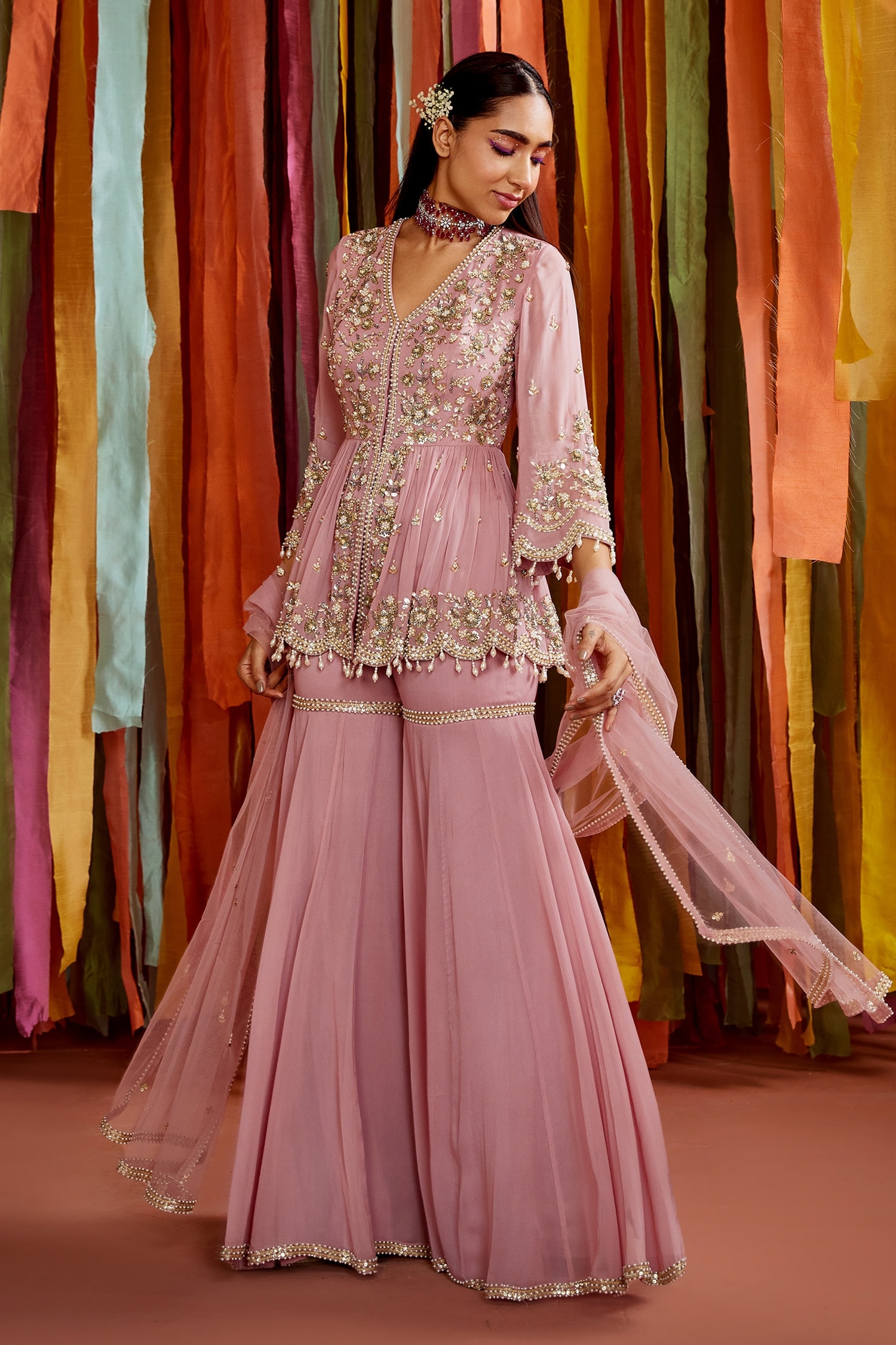 Label Sanya Gulati Purple Net Embroidered Sequins V Neck Floral Peplum Top Sharara Set For Women