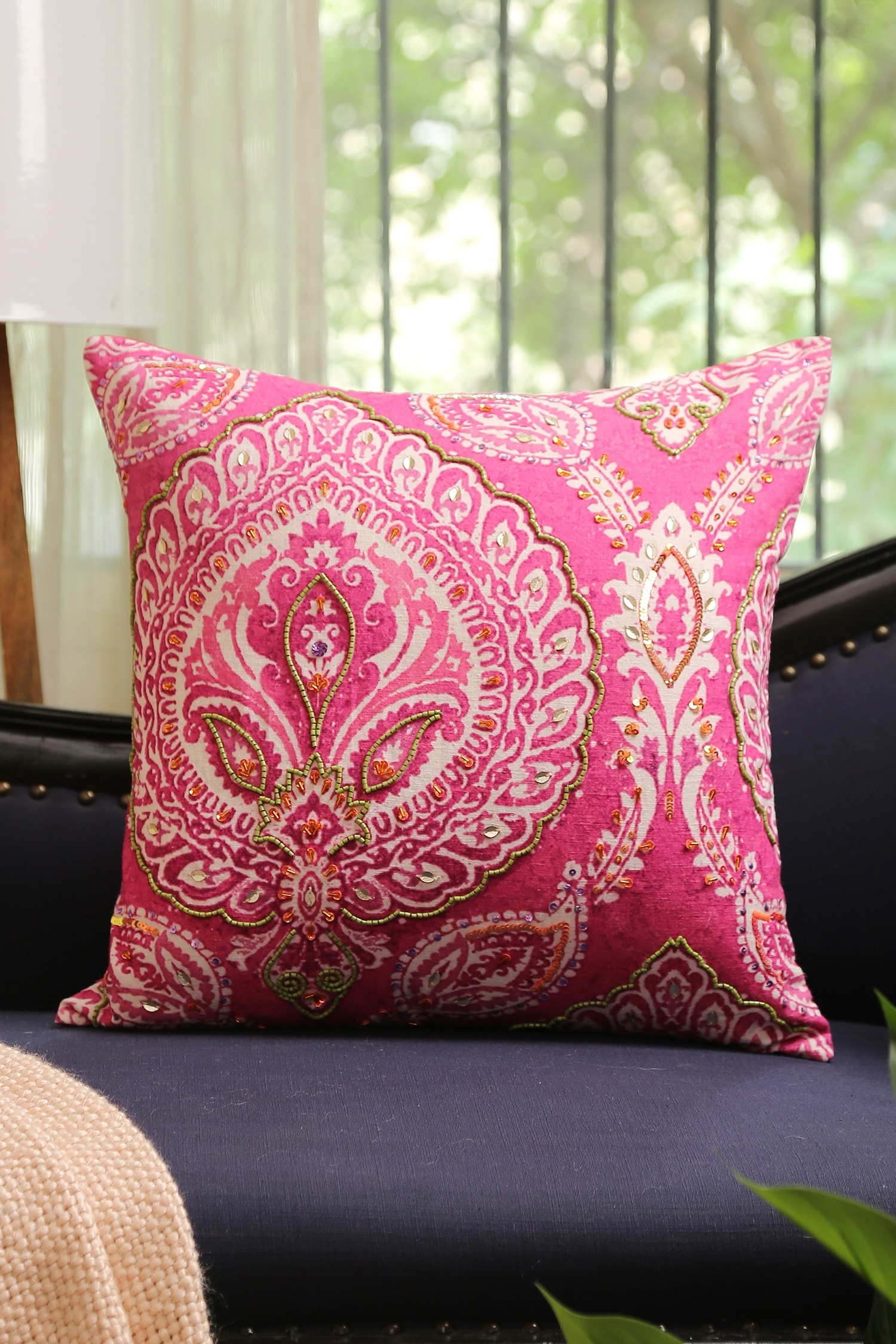 Amoliconcepts Pink Front Cotton Embroidered Paisley Bead Cushion Cover