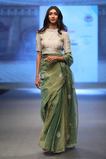 Green Tissue Saree With Bead And Cutdana Embroidery