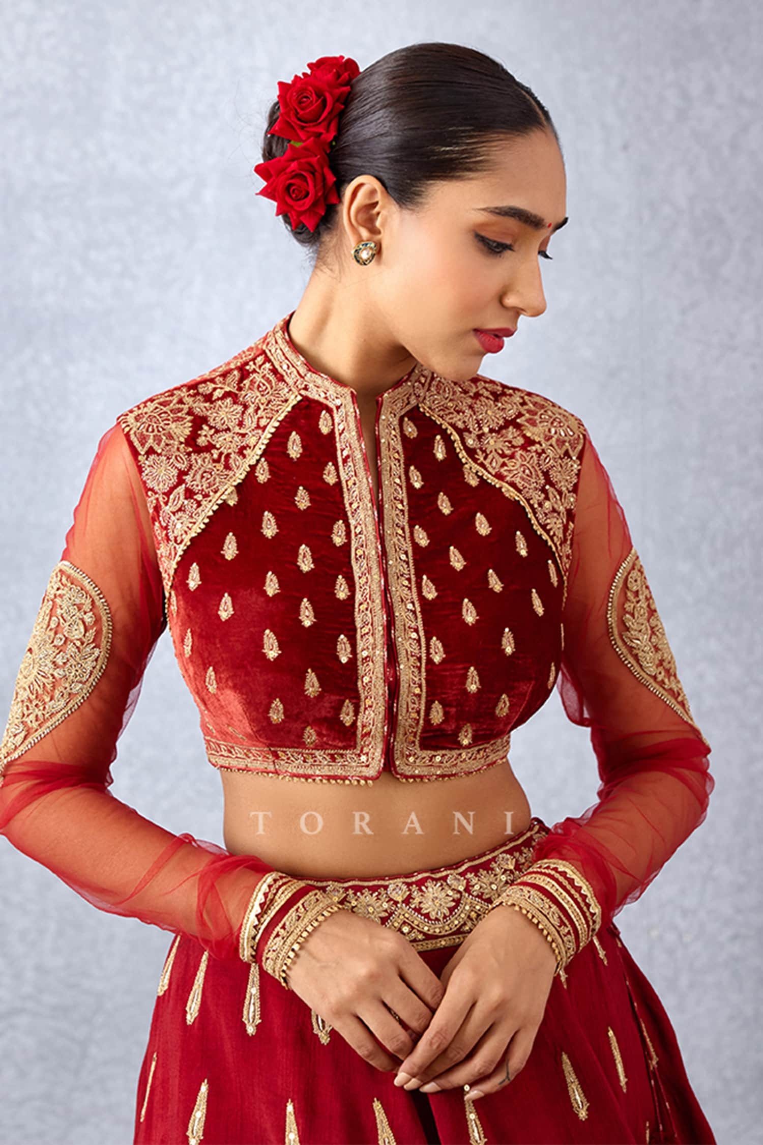 Buy Red Silk Velvet Embroidered Floral Round Sindoori Taashi Choli For ...