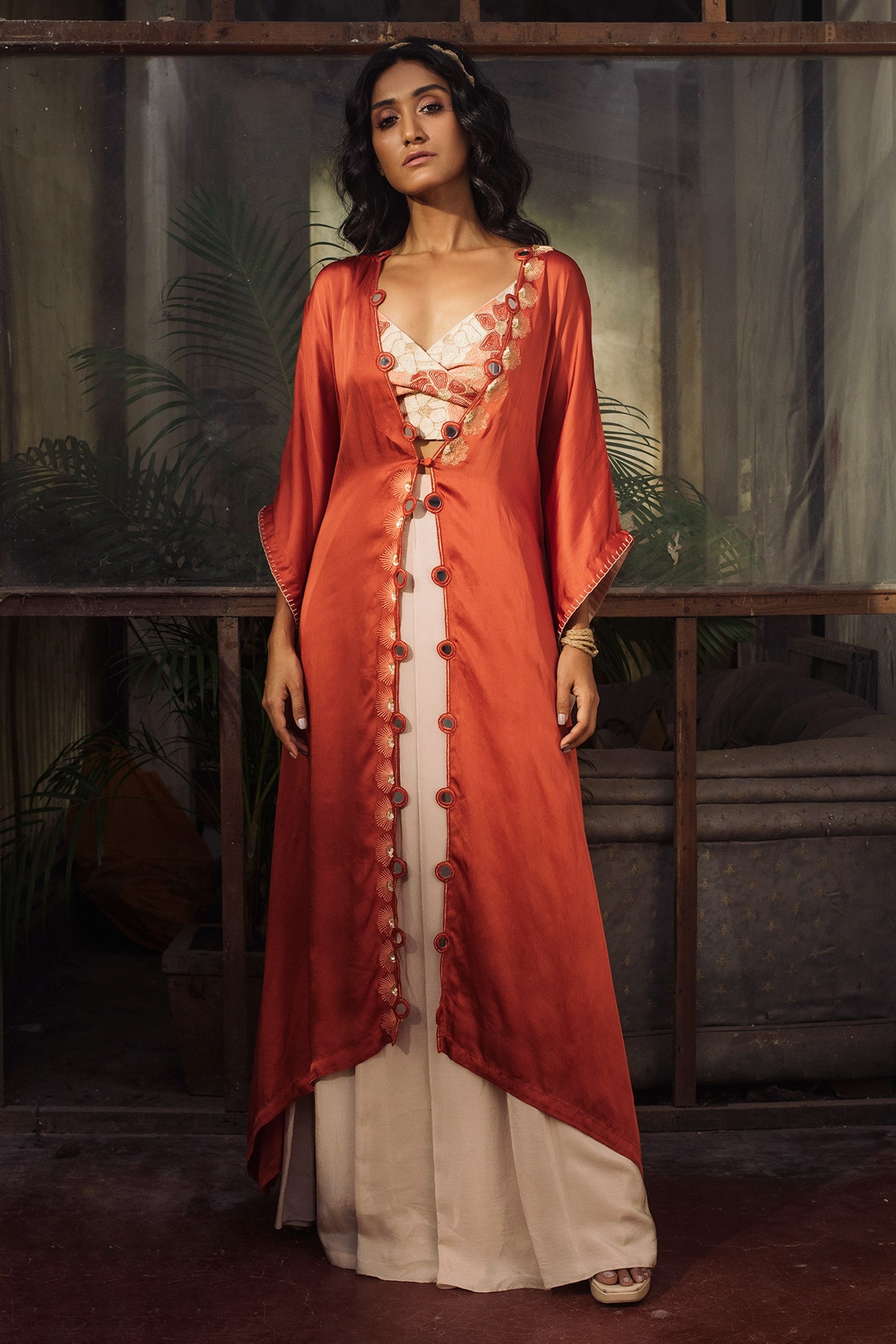 Buy Orange Kaftan Satin Silk Embroidery Savannah Flared Sleeve Pant Set For Women by Suave
