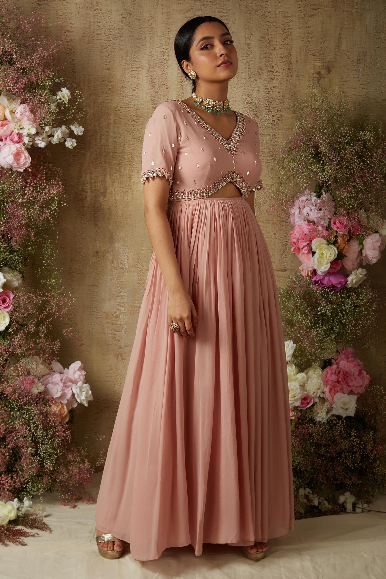 Buy Pink Georgette Embroidered Sequin V Neck Front Cut-out Embellished Anarkali For Women by RIA ...