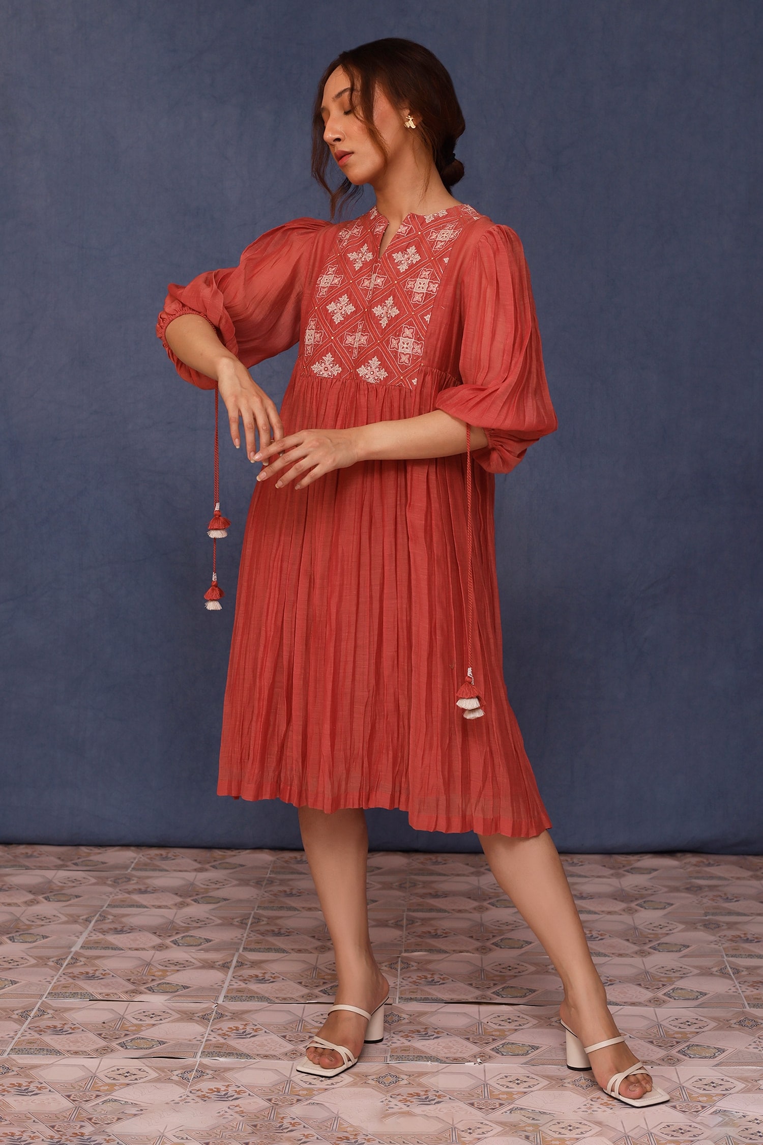 Buy Red Malai Cotton Embroidered Yoke Flower Notched Neck Nika Dress