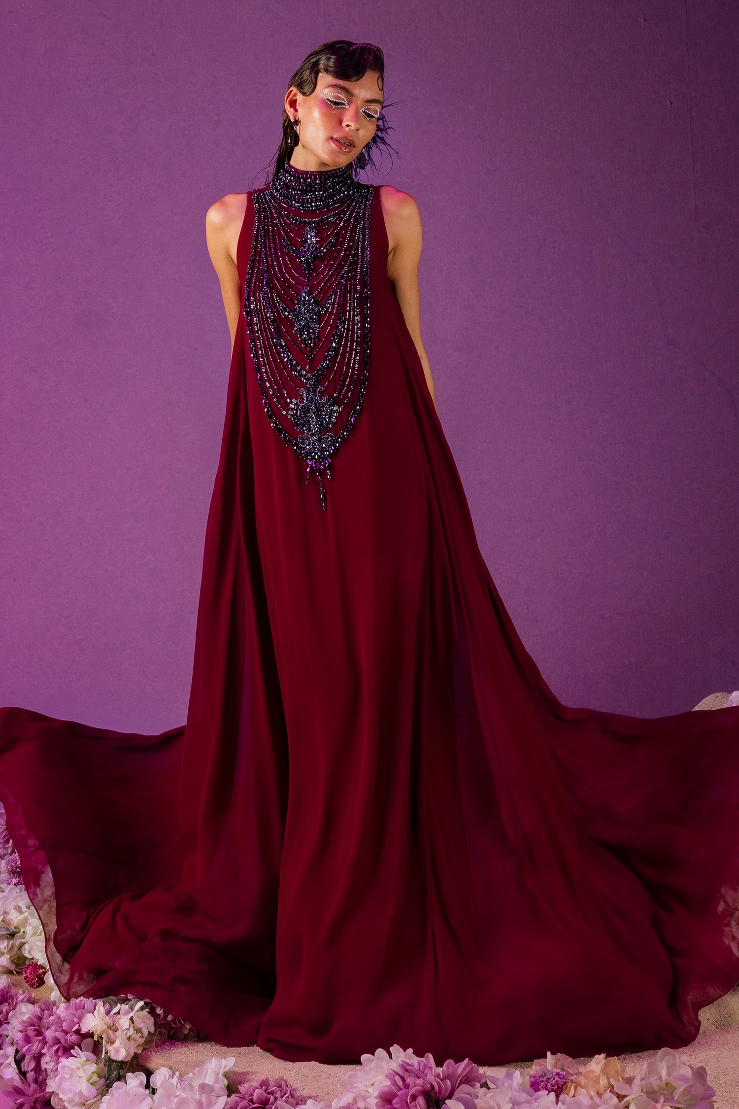 Buy Beetroot embellished gown with peacock motifs by \N at Aashni and Co