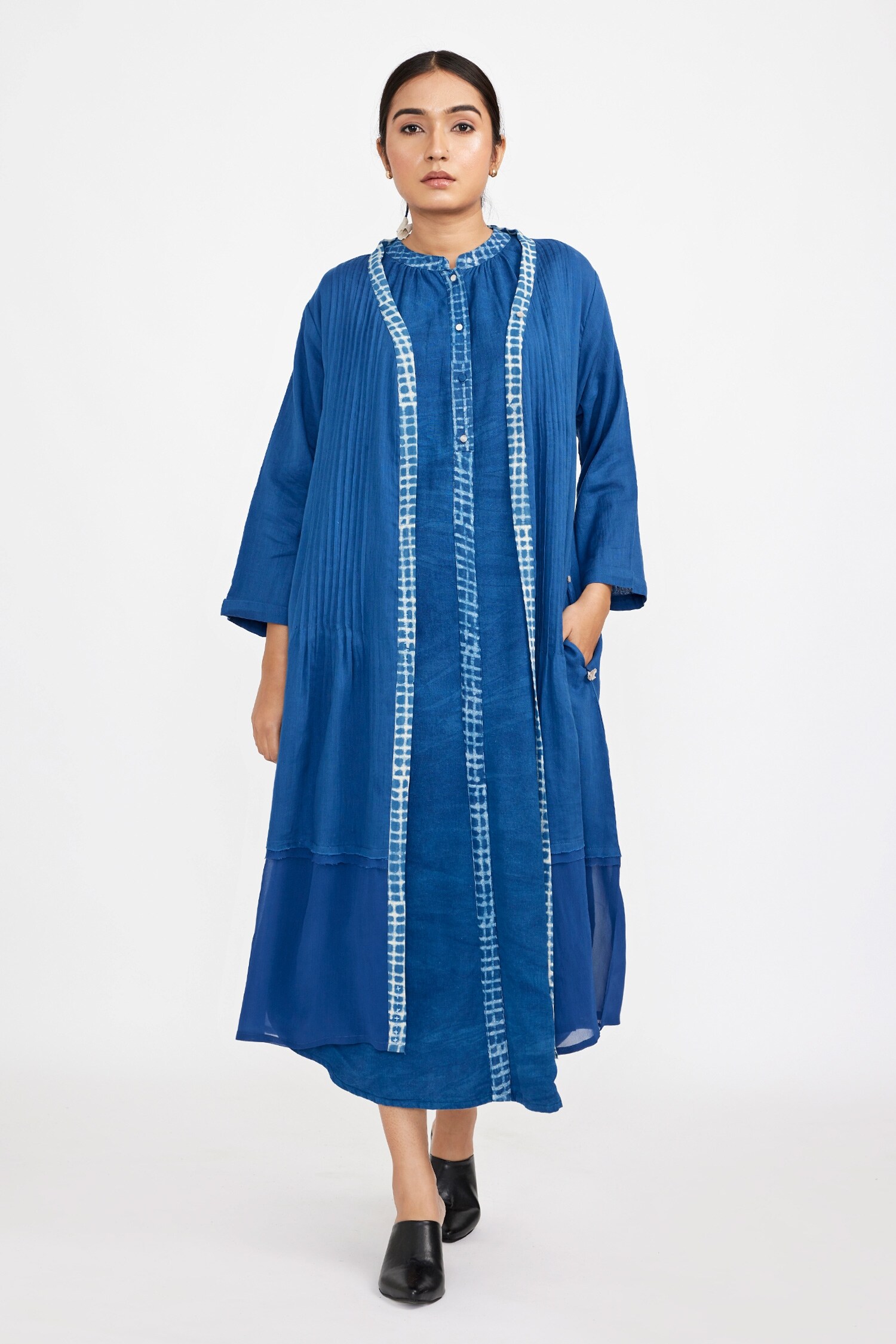 Buy Jayati Goenka Blue Natural Dyed Placket Print Dress With Robe ...