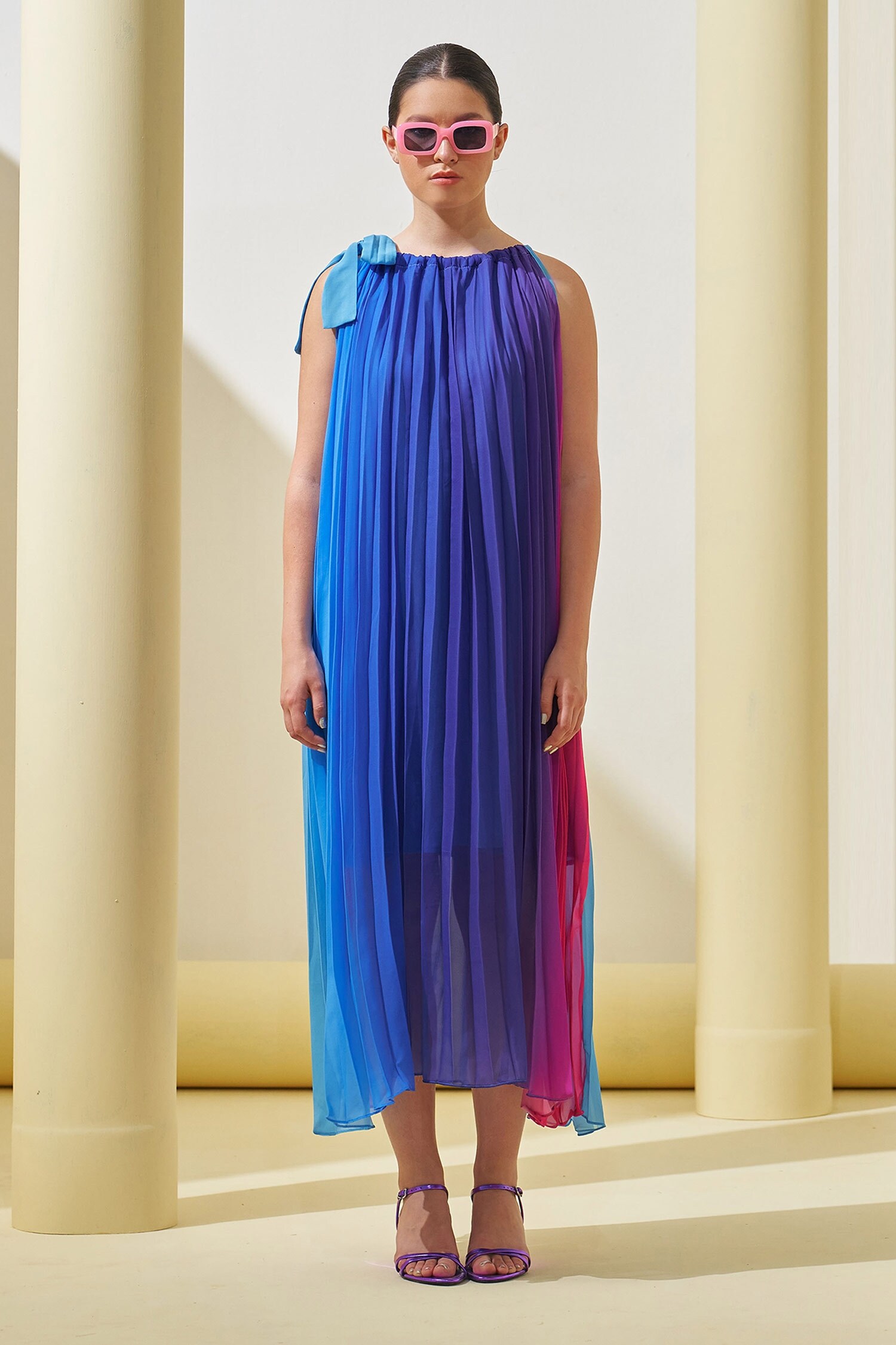 Buy Blue Textured Pleated Pattern Round Neck Dress For Women
