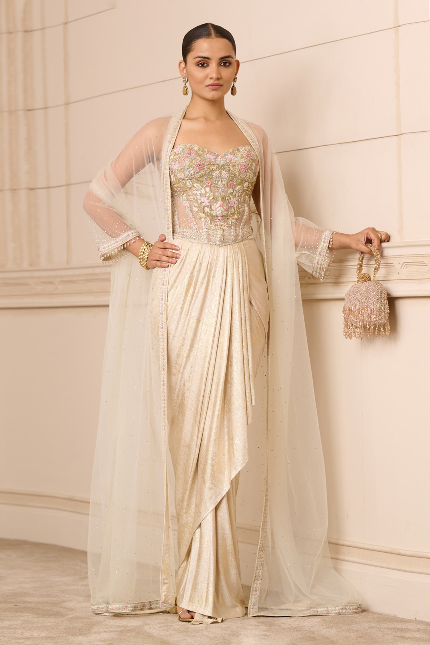 Tarun Tahiliani Ivory Embroidered Floral Sweetheart Neck Corset Skirt Set With Cape For Women