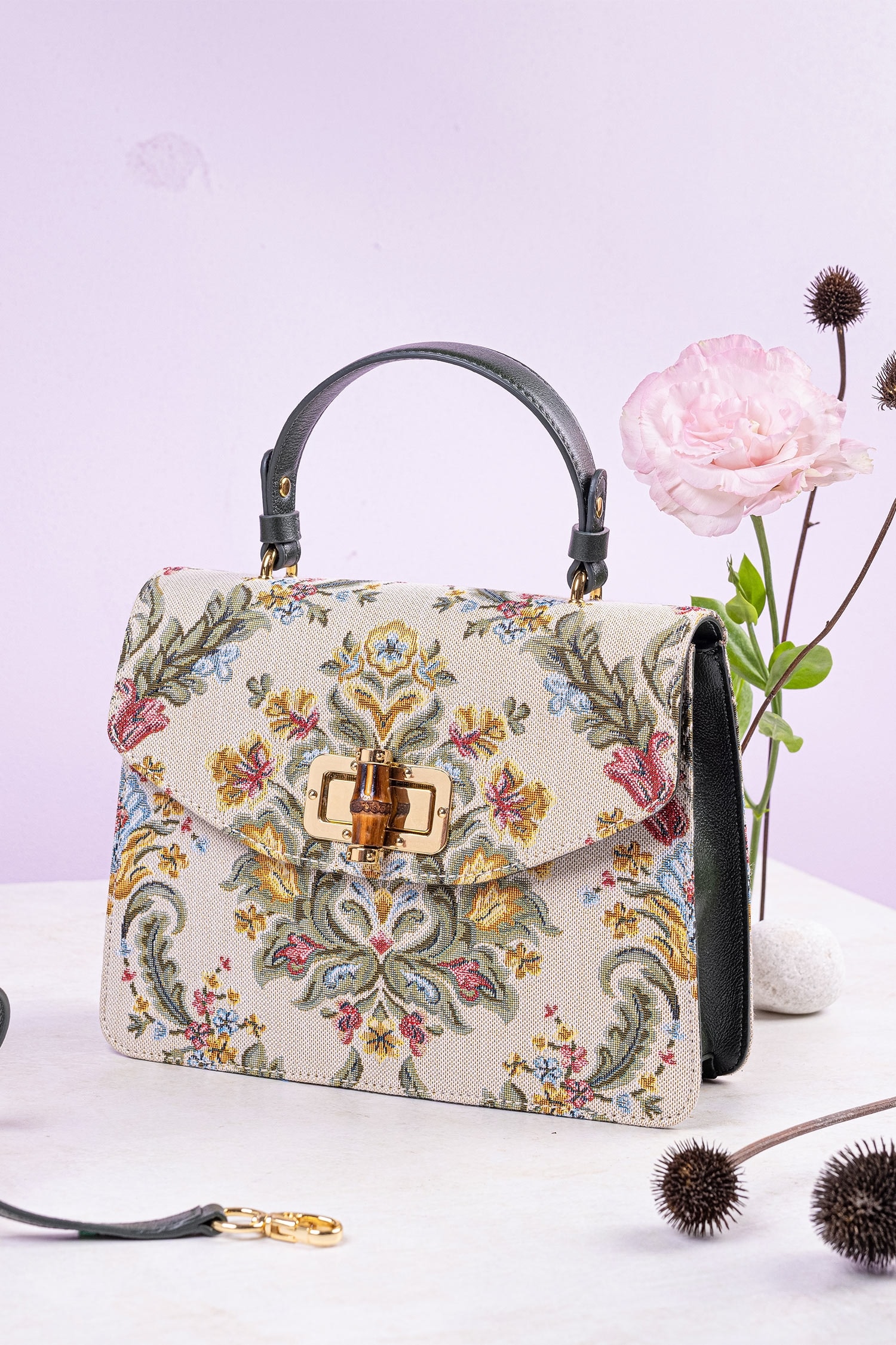 Buy Beige Floral Pattern Hydrangea Leather Jacquard Shoulder Bag