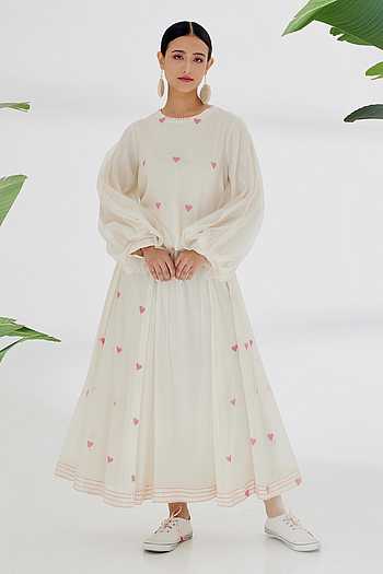 Ruby Red Handwoven Jamdani Heart Buttis Asymmetrical Dress
