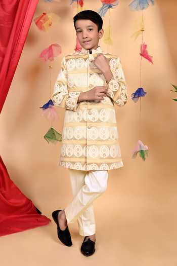 Peach shimmer train boys bandhgala dhoti set