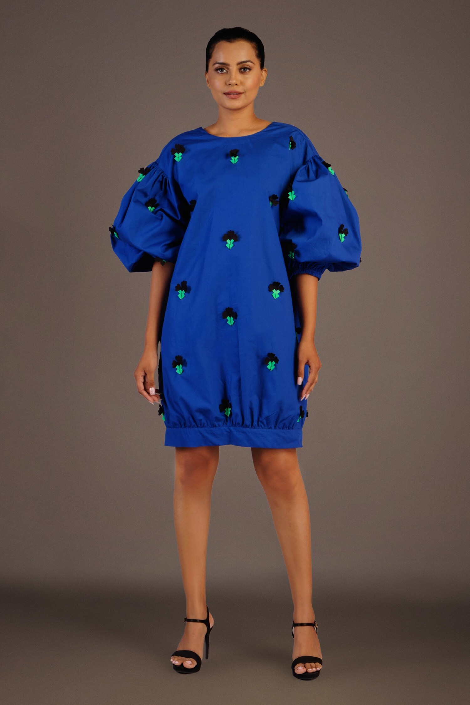 Buy Blue Cotton Embroidery Confetti Round Puffed Sleeve Dress For Women