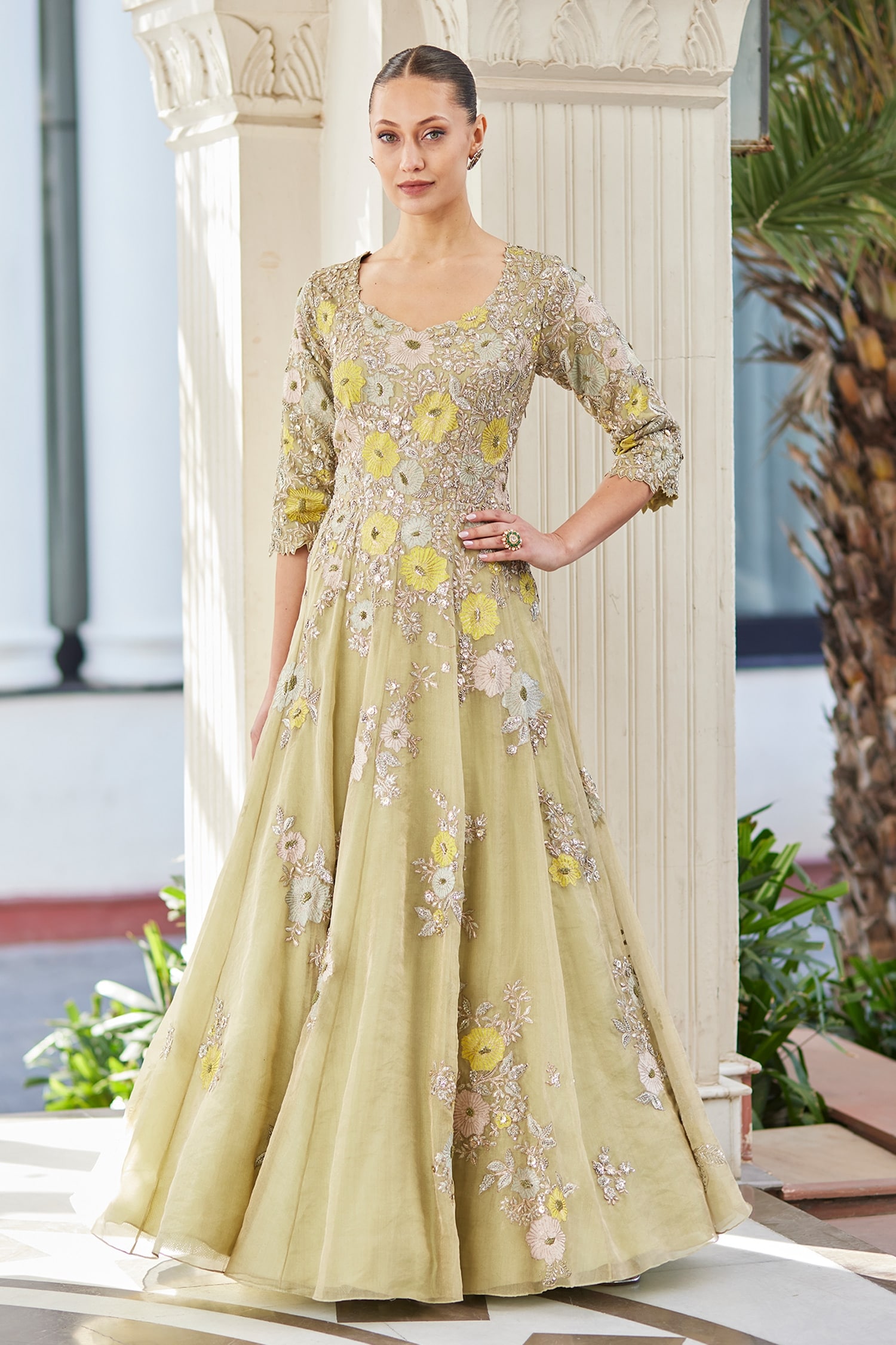 Buy Green Tissue Embroidery Floral Applique Leaf Neck Gown For Women by Osaa by Adarsh Online at ...