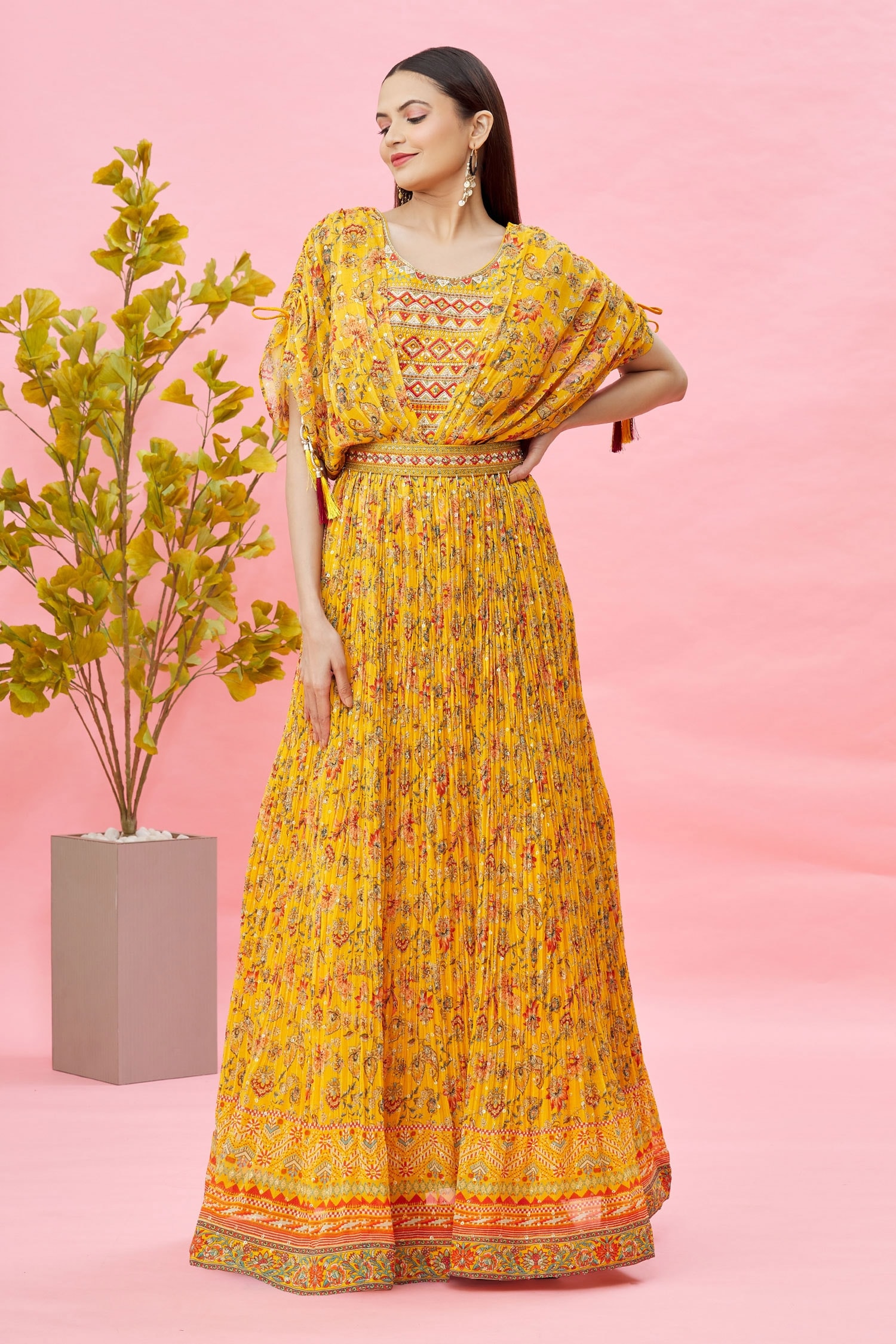 Buy Yellow Georgette Printed Floral Round Flower Pleated Gown For Women ...