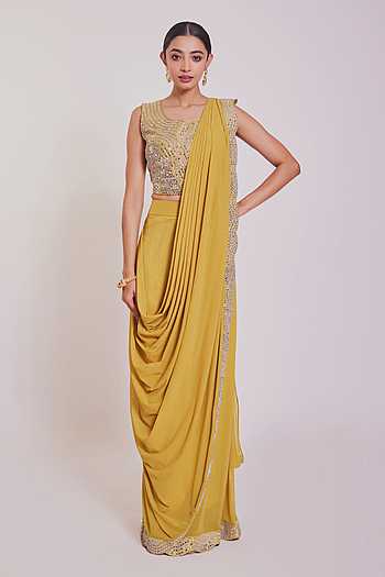Pre-Draped Yellow Lycra Ruffles Saree With Sequence Embellished Blouse
