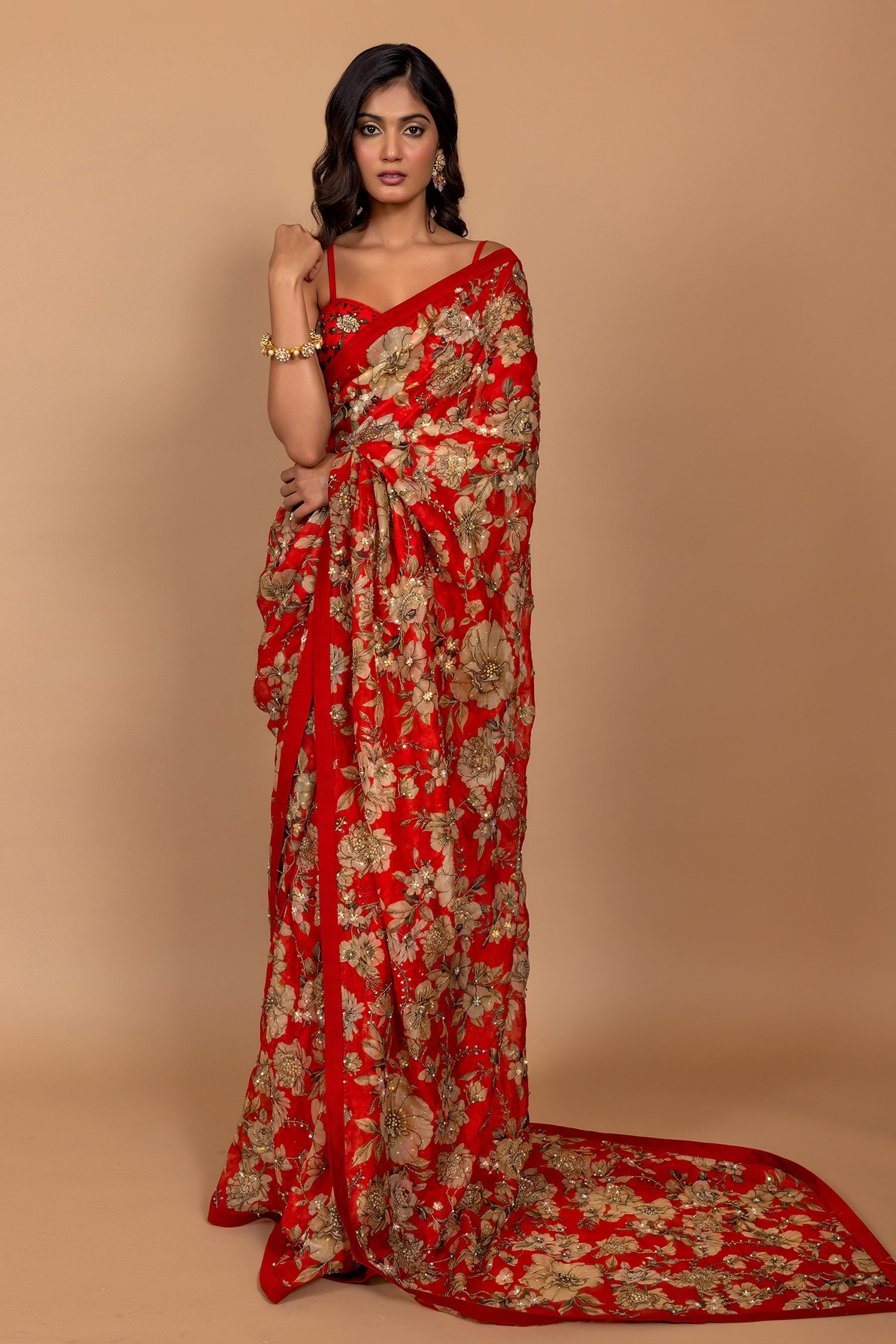 Varun Bahl Red Organza And Embroidery Floral Pattern Saree With Blouse For Women