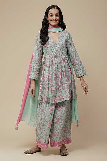 Peele Phool Block Print Girls Anarkali Sharara Set