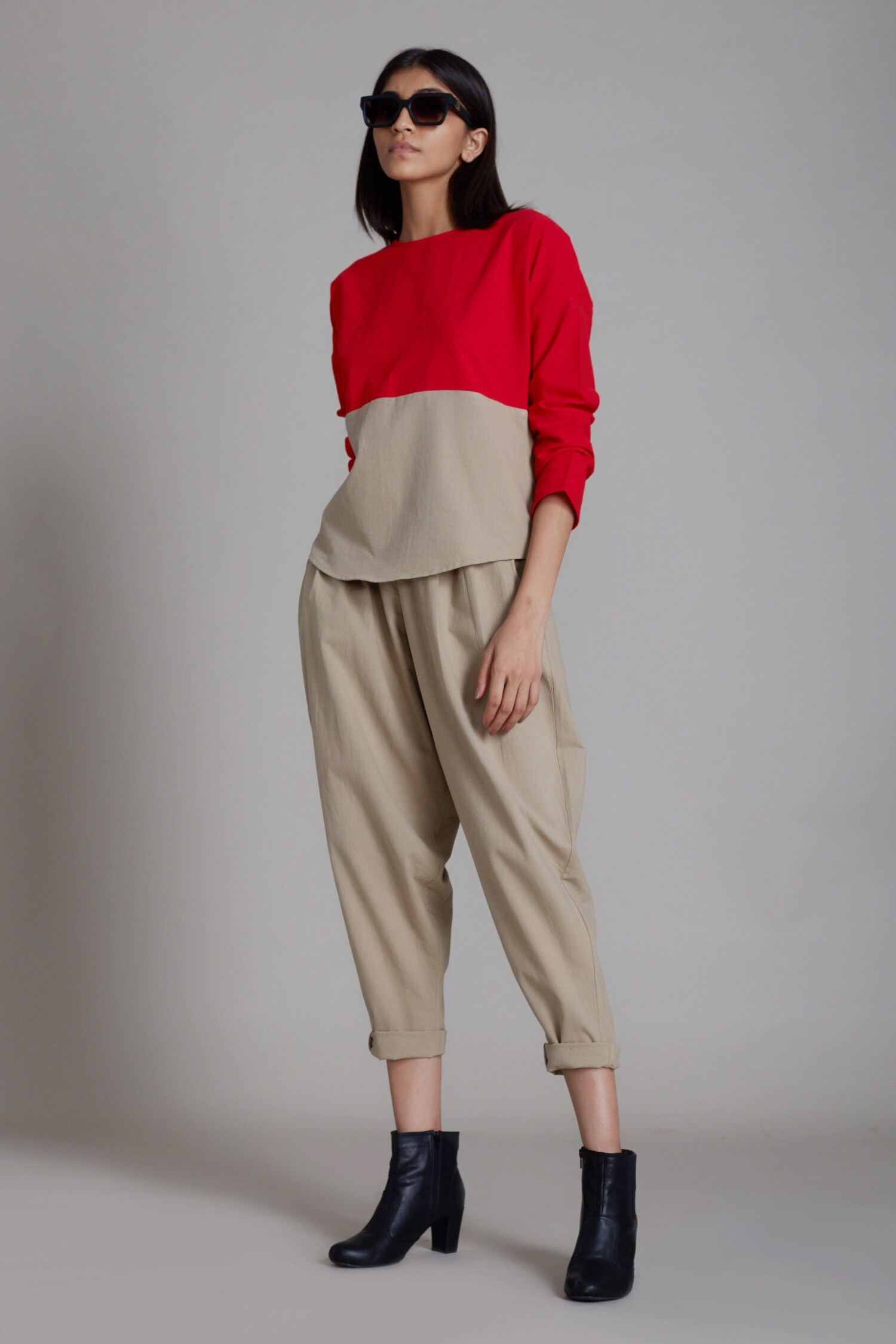 Buy Red 100 Cotton Round Rekin Color Block Top For Women by Mati