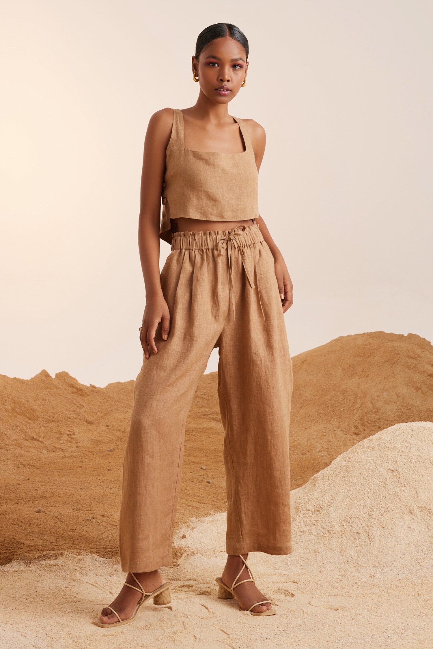 Buy Cord Brown Linen Drawstring Waist Pant Online Aza Fashions