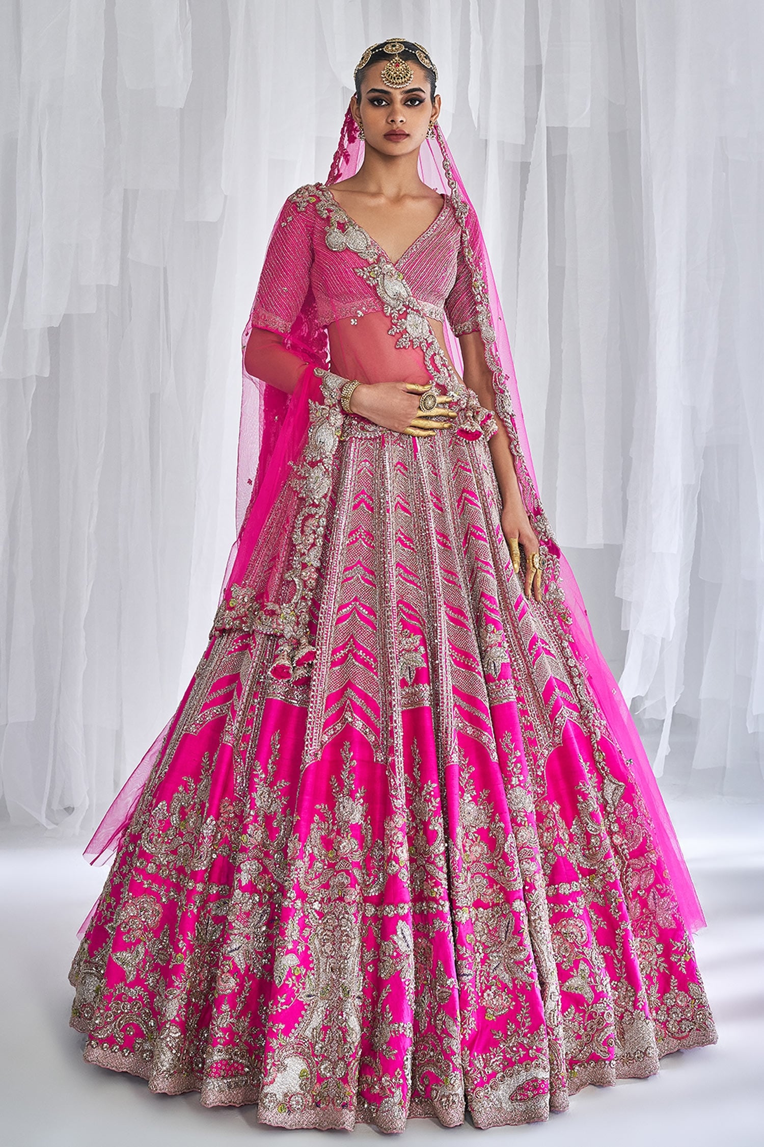 Buy Fuchsia Raw Silk Embroidered Floral Cynthia Bridal Lehenga Set For