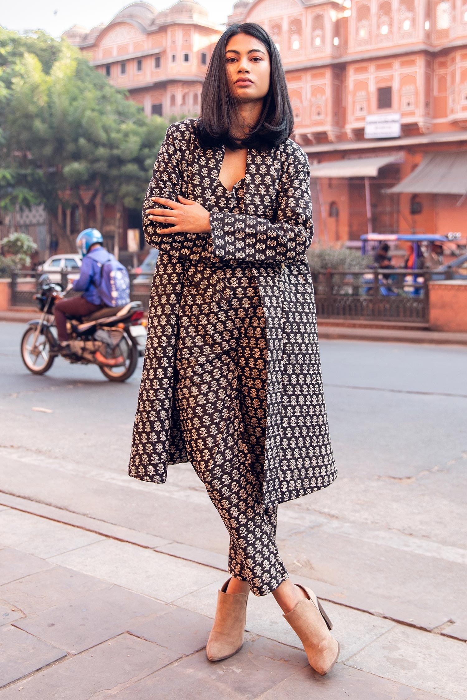 Buy Black Cotton Block Print Floral Pattern Top Vneck Kafia Coat And