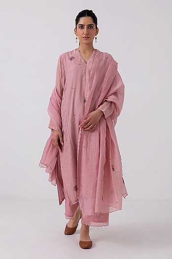 Pink Women Ethnic Motifs Chanderi Cotton Ethereal Embroidery Kurta Set