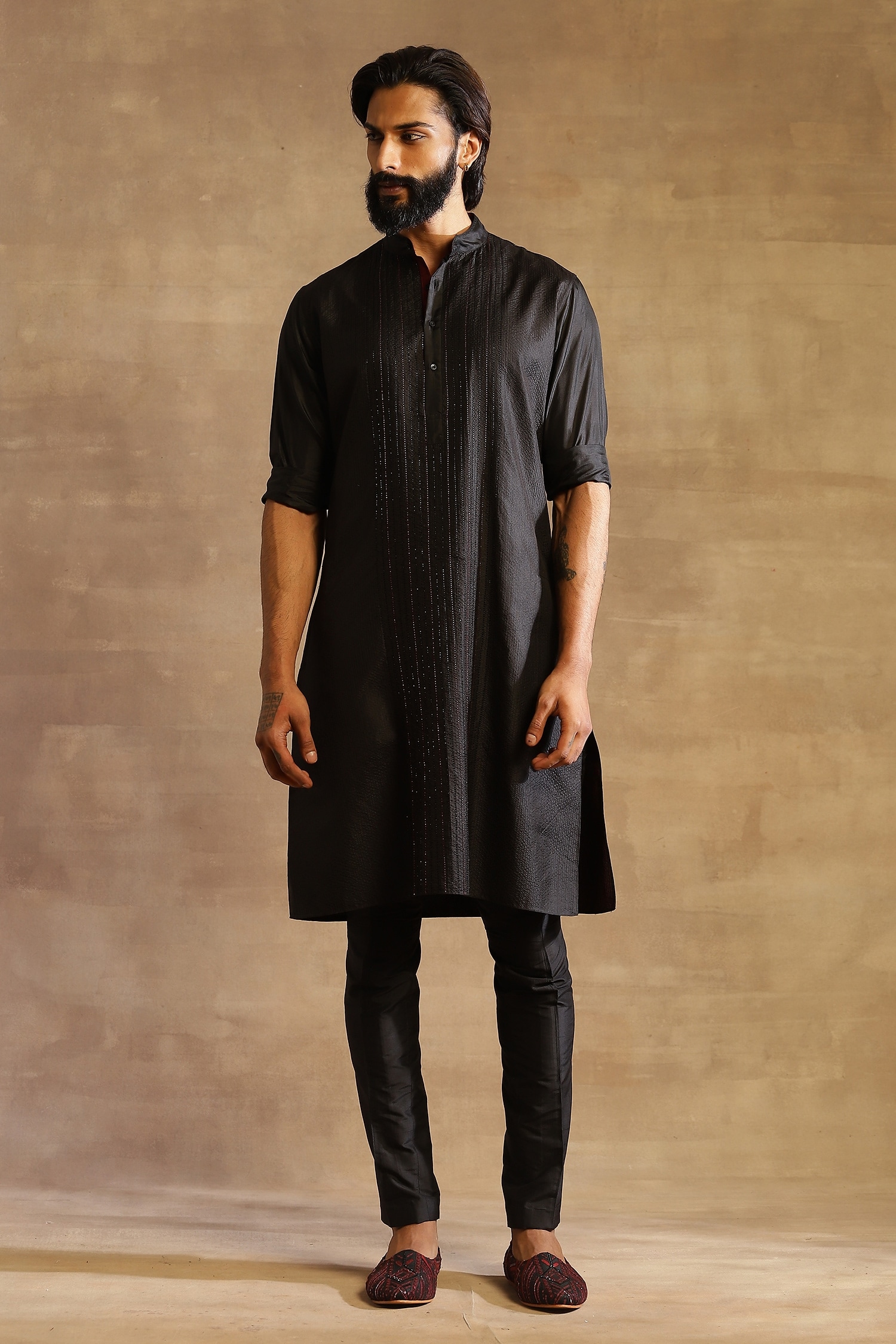 Buy Black Silk Embroidered Stitch Line Kurta For Men by Raghavendra ...